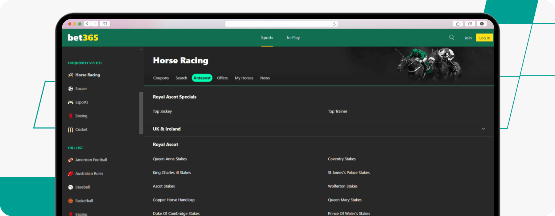 Screenshot of bet365 Royal Ascot Betting Markets. Source desktop