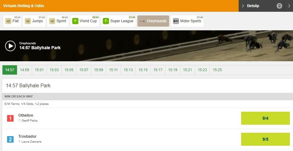 Virtual Greyhounds and odds at Paddy Power