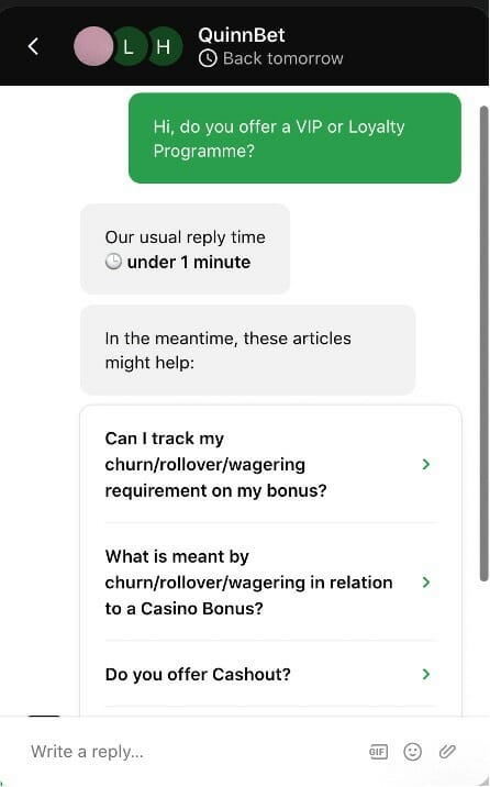 Quinnbet Live chat