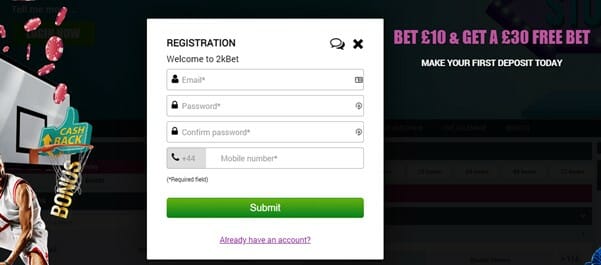 2kBet Registration Screenshot