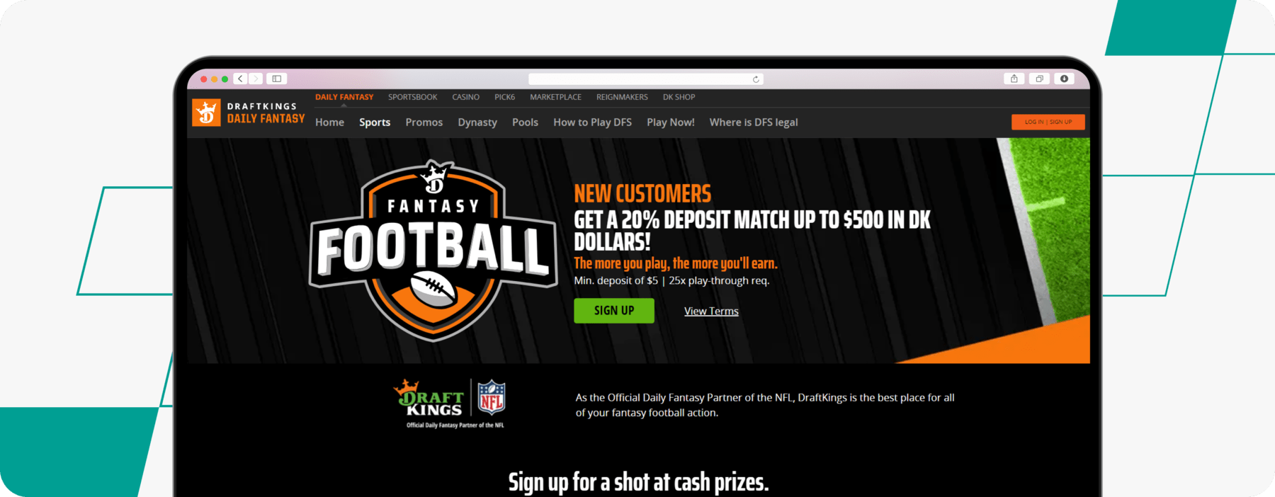 draftkings fantasy football homepage screenshot