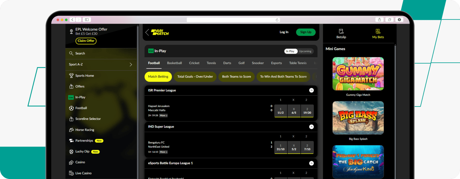 screenshot of parimatch in-play betting